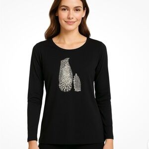 Chico's Black Long Sleeve Top with festive rhinestone Penguin Design